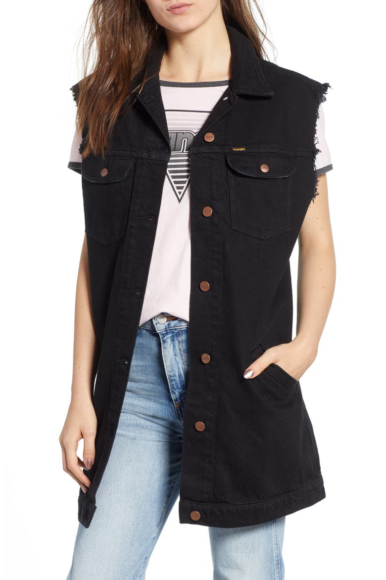 Longline Denim Vest, Main, color, BLACK
