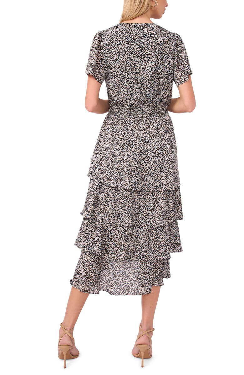 Vince Camuto Abstract Print Tiered Midi Dress, Alternate, color, Rich Black