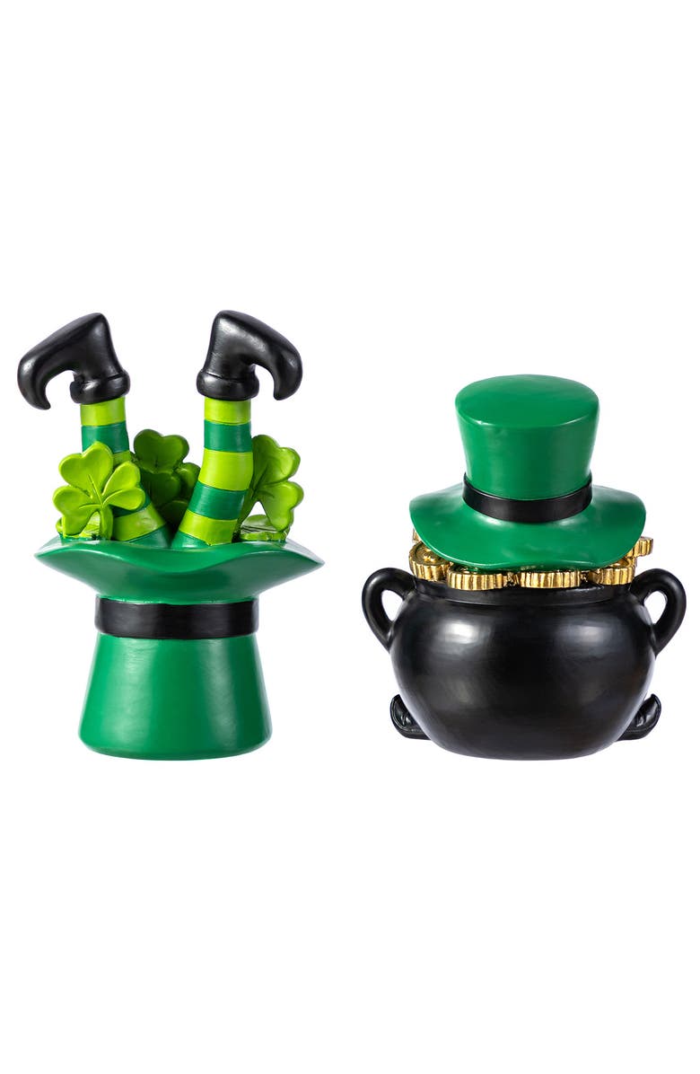 Glitzhome Set of 2 St. Patrick's Resin Pot of Gold & Leprechaun Hat Table Decor, Alternate, color, Green