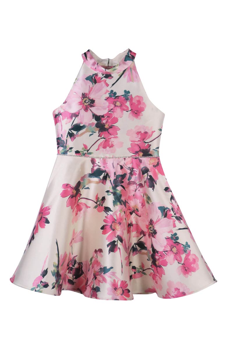 Zunie Kids' Bow Back Mikado Party Dress, Main, color, Ivory/ Multi