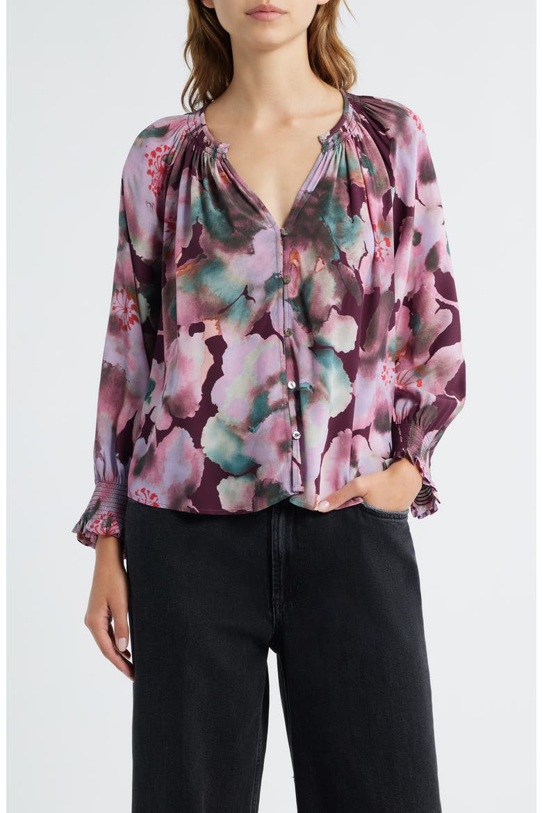 Mariah Floral Smocked Button-Up Peasant Top, Main, color, MAGENTA VERBENA