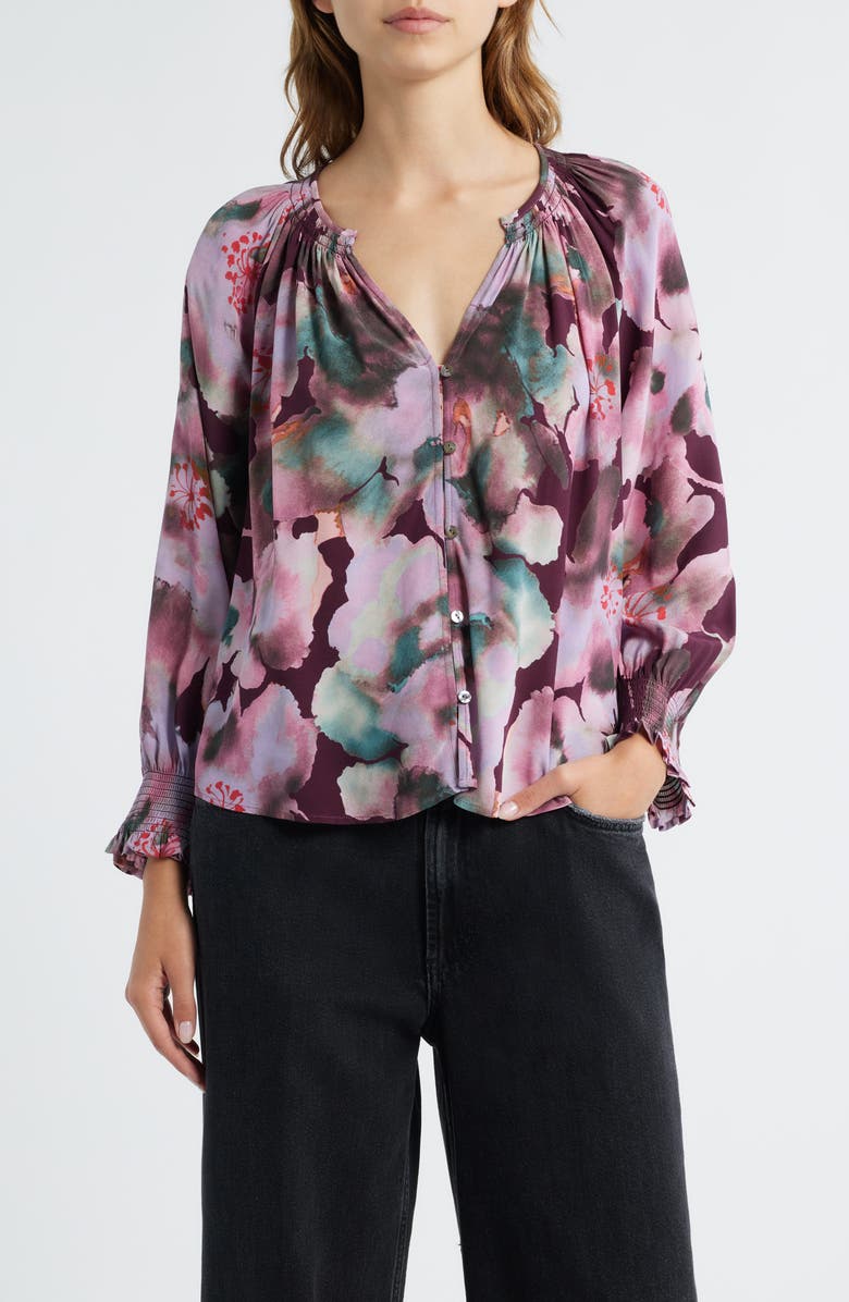Rails Mariah Floral Smocked Button-Up Peasant Top, Main, color, Magenta Verbena