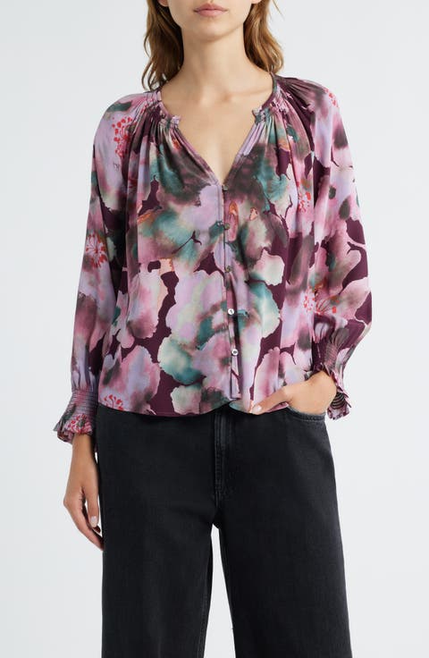Mariah Floral Smocked Button-Up Peasant Top