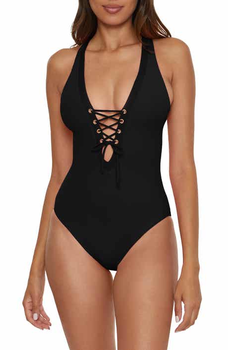 Becca Modern Edge Lace-Up Plunge One-Piece Swimsuit