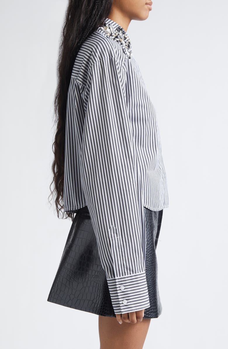 SPORTMAX Quagga Stripe Embellished Collar Cotton Button-Up Shirt, Alternate, color, Black