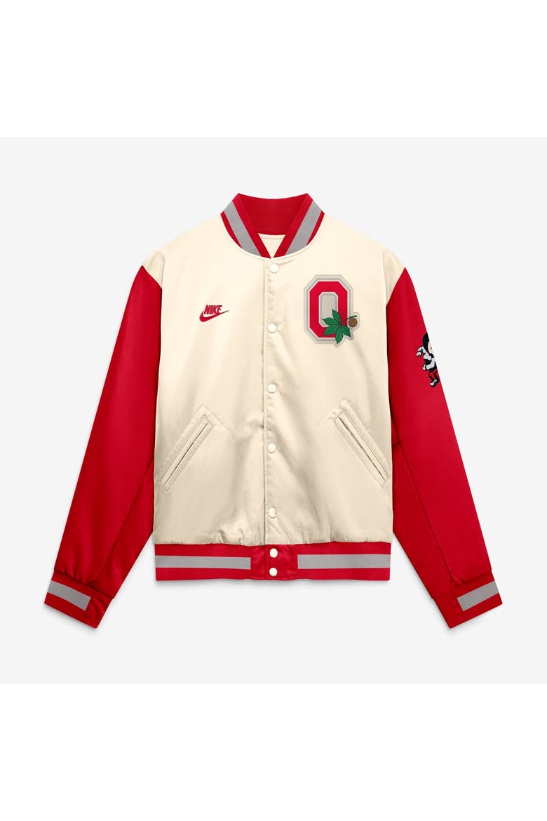 Men's Nike  Natural/Scarlet Ohio State Buckeyes Legacy Full-Snap Bomber Jacket, Alternate, color, Natural