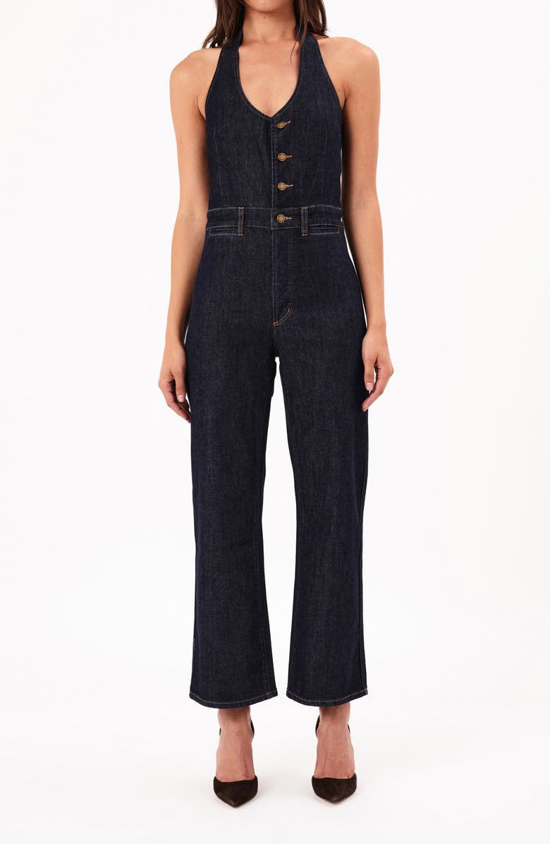Rolla’s Darkstone Halter Neck Denim Jumpsuit, Main, color, Dark Vintage Indigo