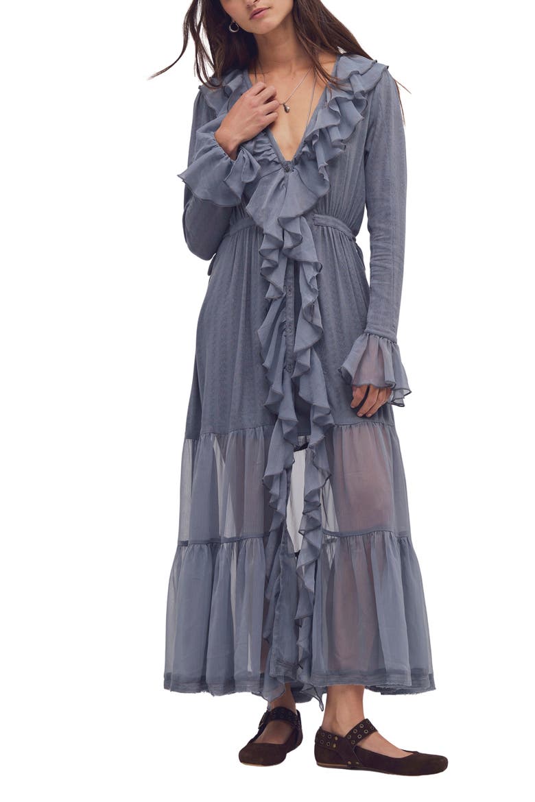 Isla Ruffle Long Sleeve Midi Dress, Main, color, STONE VALLEY