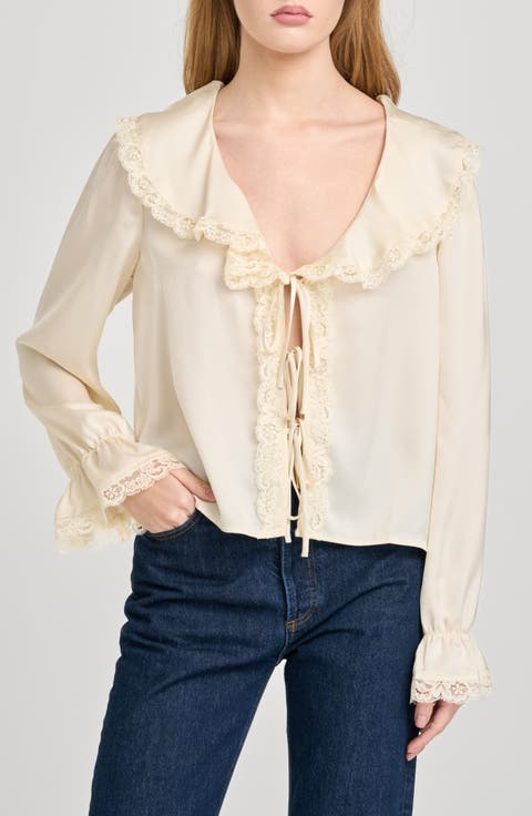 Lacy Long Sleeve Tie Front Top