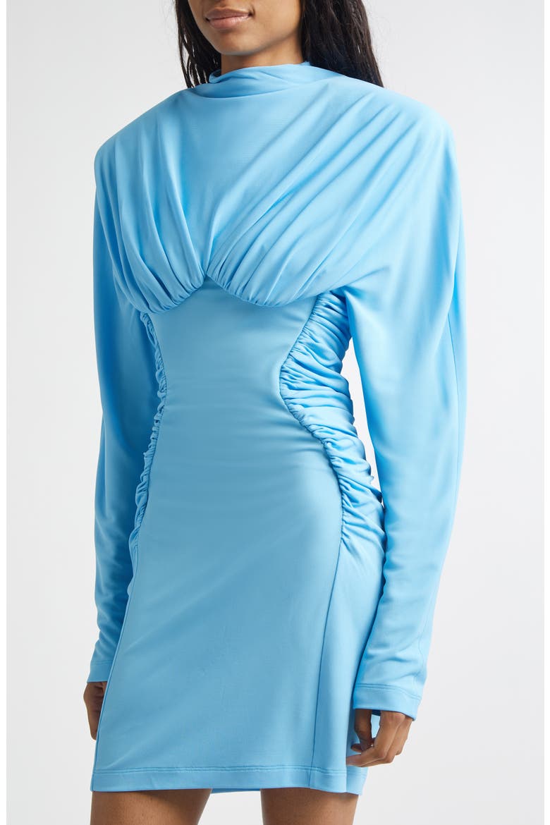 Pleated Long Sleeve Crepe Jersey Minidress, Alternate, color, NEW SKY BLUE