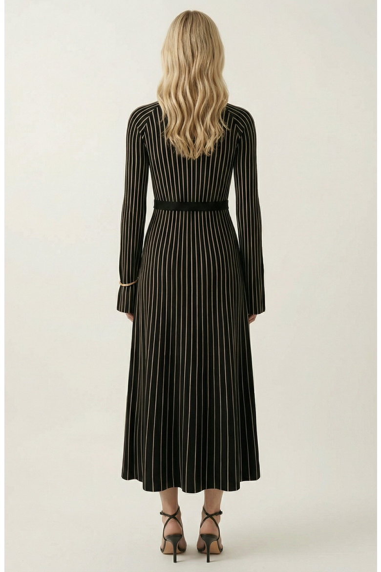 Striped Rib-Knit Long Sleeve Maxi Dress with Mock Neck, Alternate, color, Black / White Stripe