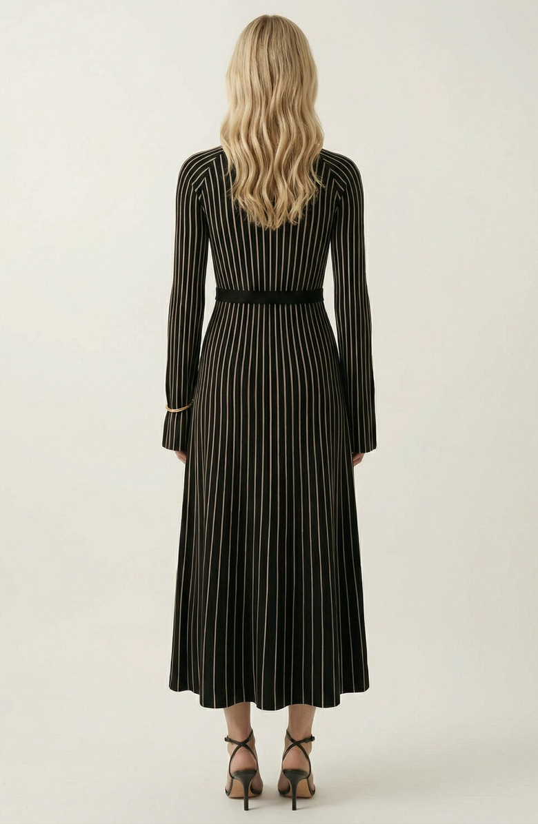 Modenaire Striped Rib-Knit Long Sleeve Maxi Dress with Mock Neck, Alternate, color, Black / White Stripe