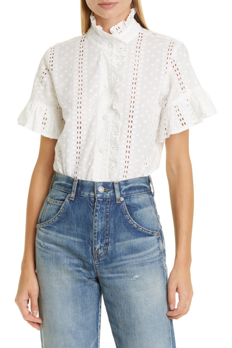 Vanessa Ruffle Detail Cotton Blouse, Main, color, PEARL POLKA DOT EYELET