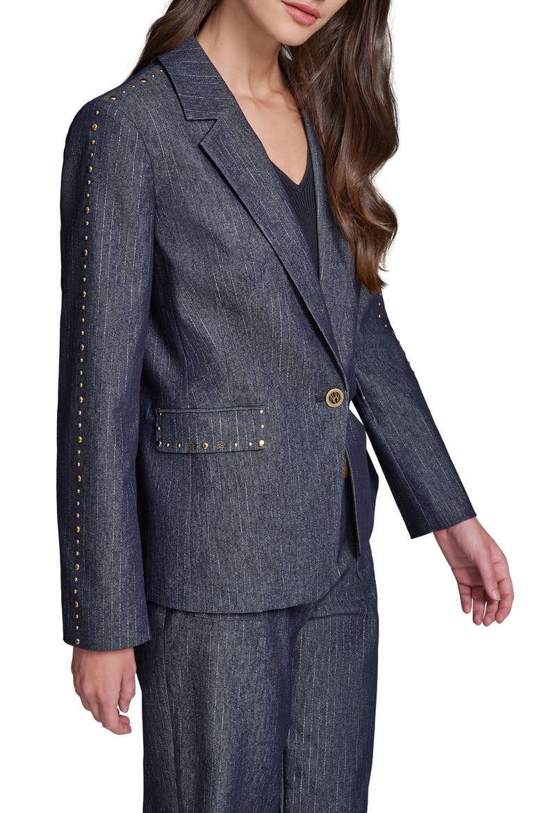 Pinstripe Stud Denim Blazer, Alternate, color, DARK WASH