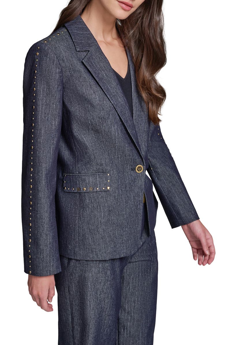 KARL LAGERFELD PARIS Pinstripe Stud Denim Blazer, Alternate, color, Dark Wash