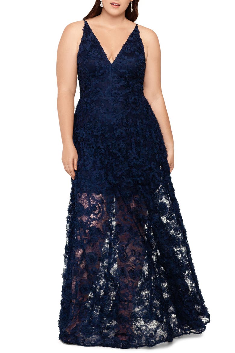 Xscape 3D Lace A-Line Gown, Main, color, NAVY