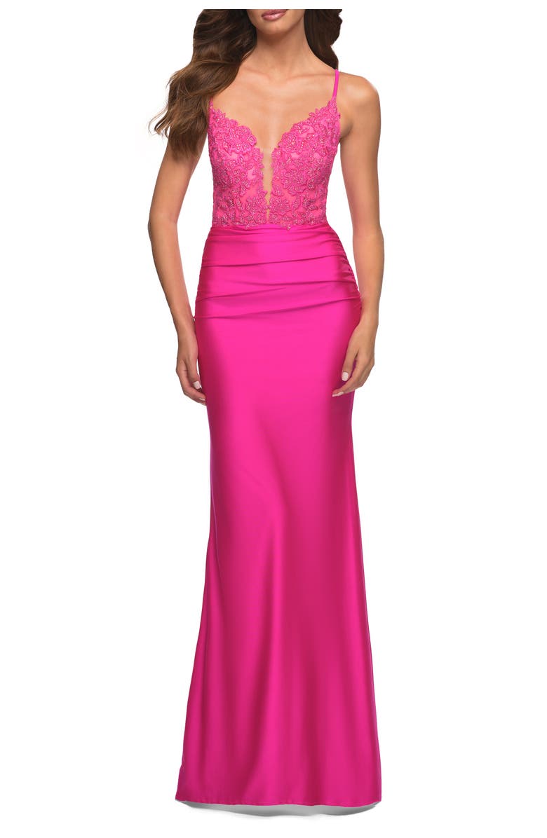 La Femme Neon Prom Dress with Beautiful Lace Bodice and Jersey Skirt, Alternate, color, Neon Pink