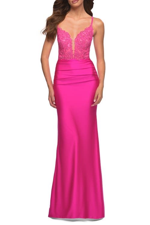 La Femme Neon Prom Dress With Beautiful Lace Bodice And Jersey Skirt In Neon Pink