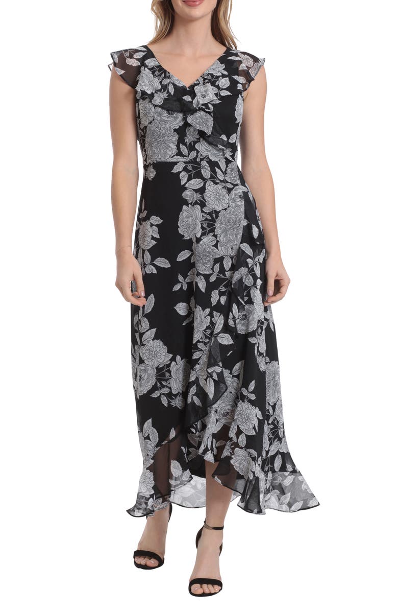 London Times Ruffle Wrap Maxi Dress, Alternate, color, Black/ Soft White