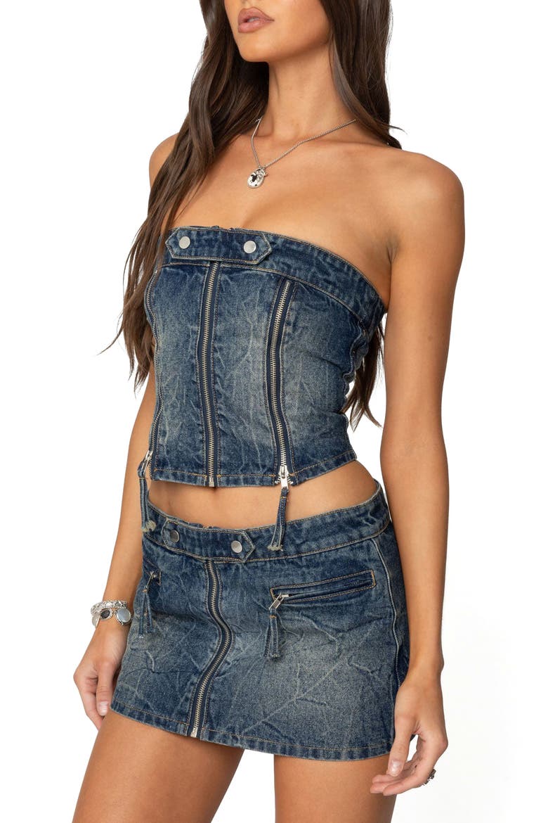 Guinevere Zip Washed Denim Corset Top, Alternate, color, BLUE-WASHED