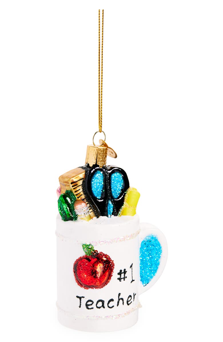 Old World Christmas Best Teacher Mug Glass Ornament, Main, color, White/ Multi