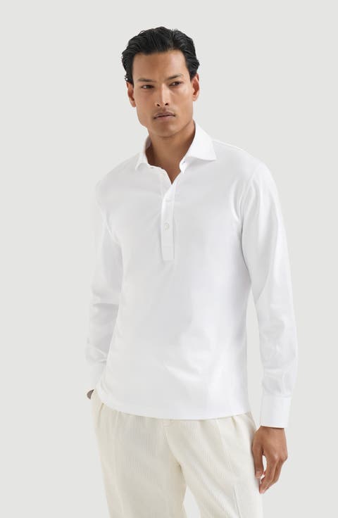 Cotton jersey long sleeve polo with shirt-style collar