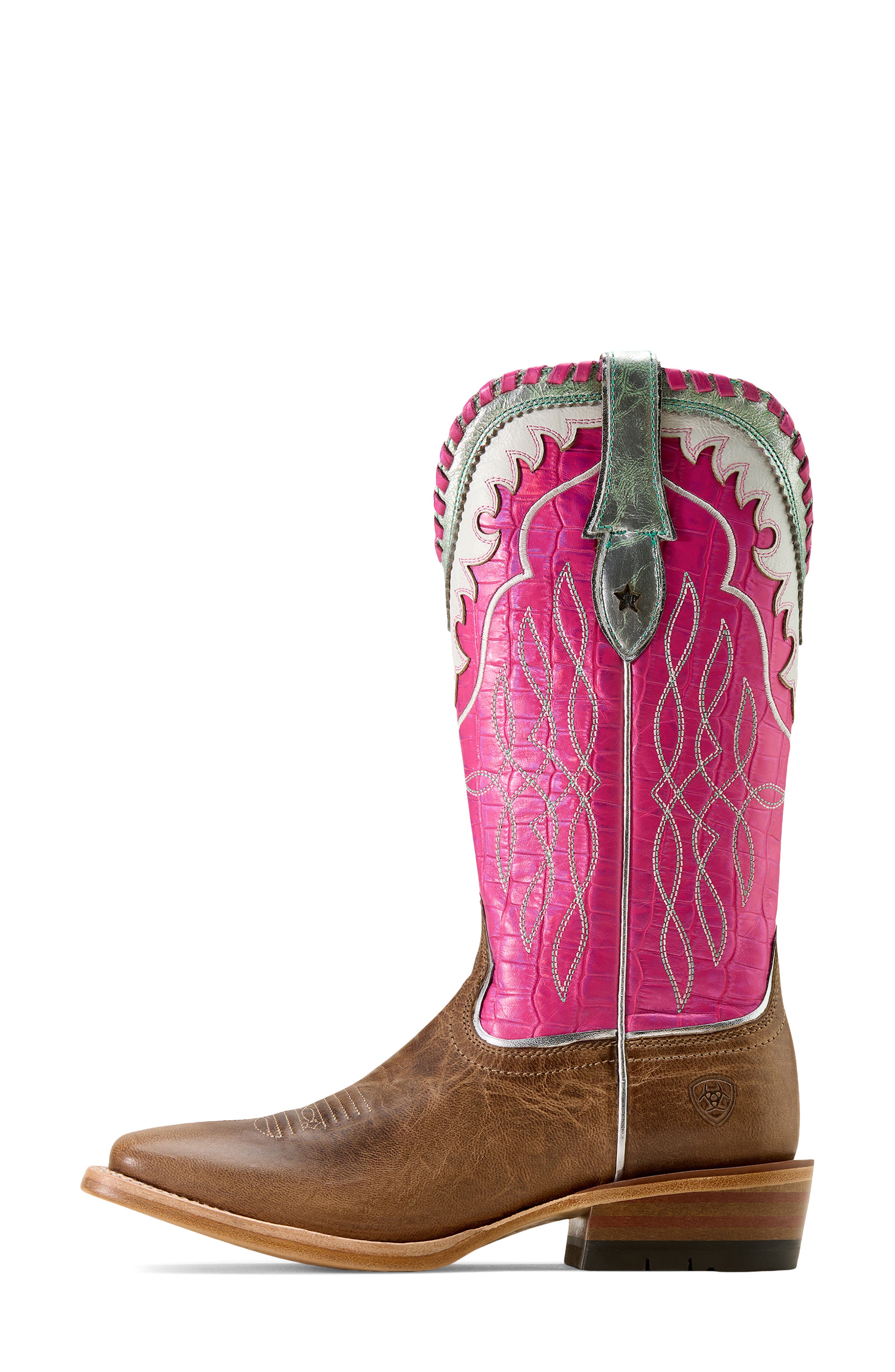 Riata Square Toe Western Boot, Alternate, color, FAWN/ KNOCKOUT PINK