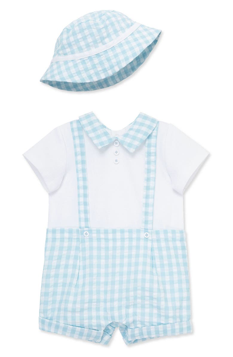 Little Me Cotton Gingham Romper & Hat Set, Main, color, Blue Check