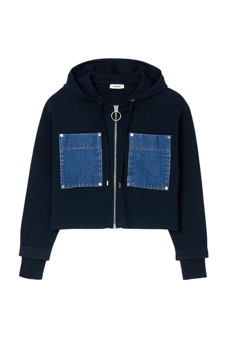 Knit and denim sweatshirt, Alternate, color, Navy blue