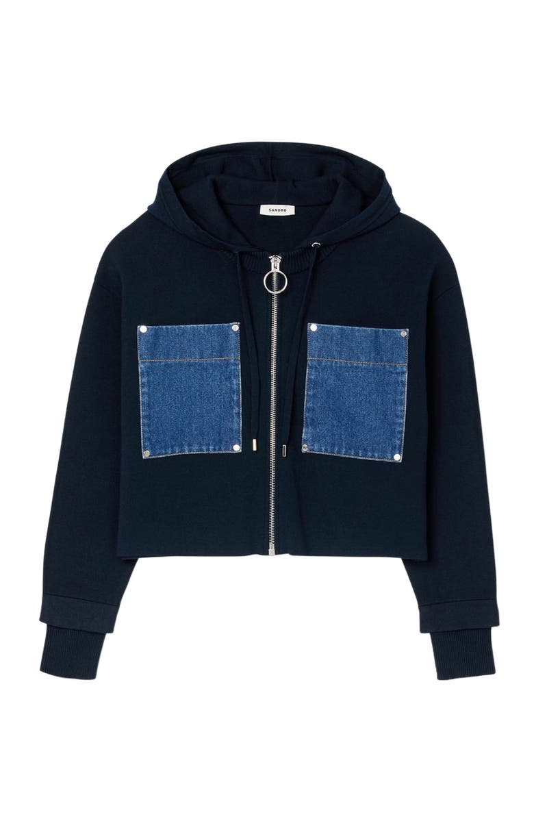 SANDRO Knit and denim sweatshirt, Alternate, color, Navy Blue