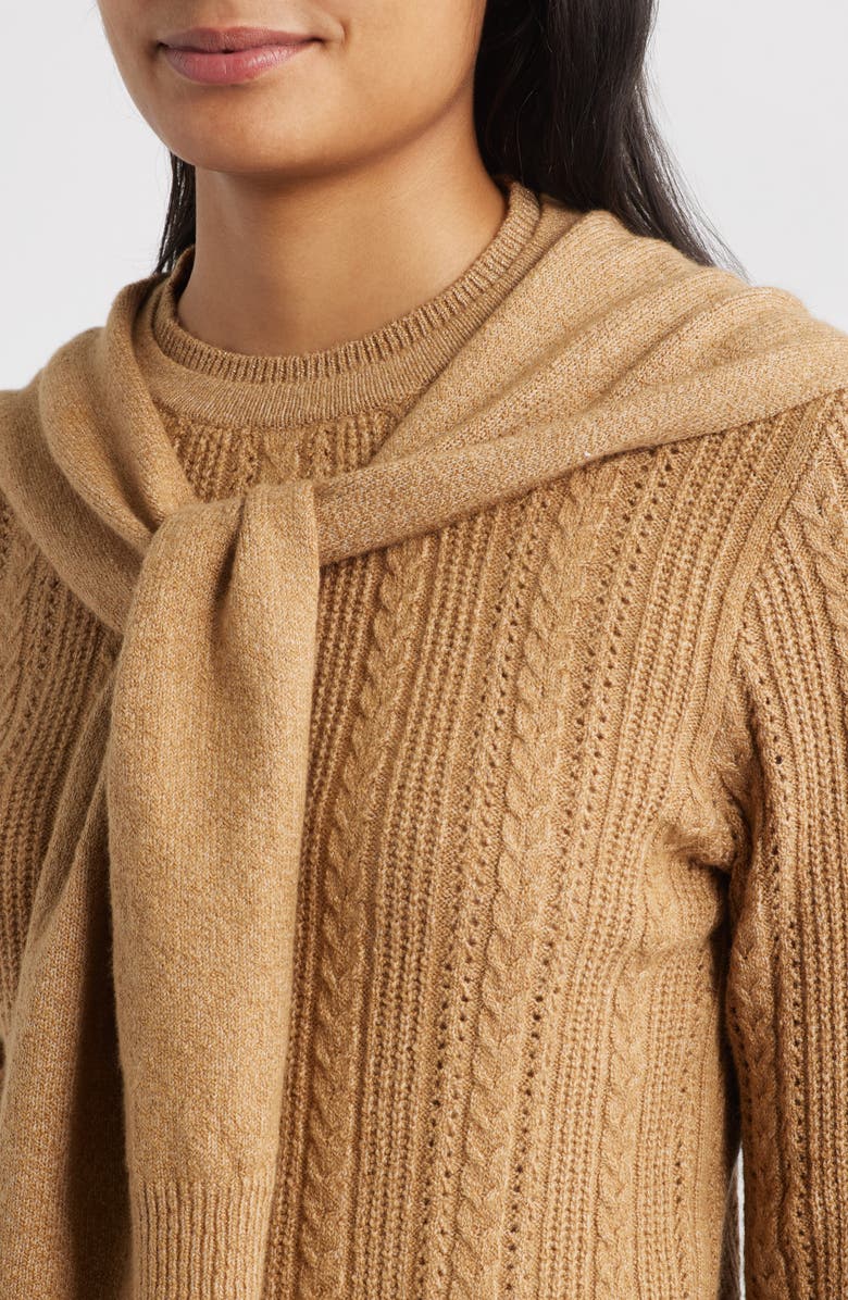 Wit & Wisdom Cable Stitch Twofer Tie Sleeve Sweater, Alternate, color, Caramel Latte