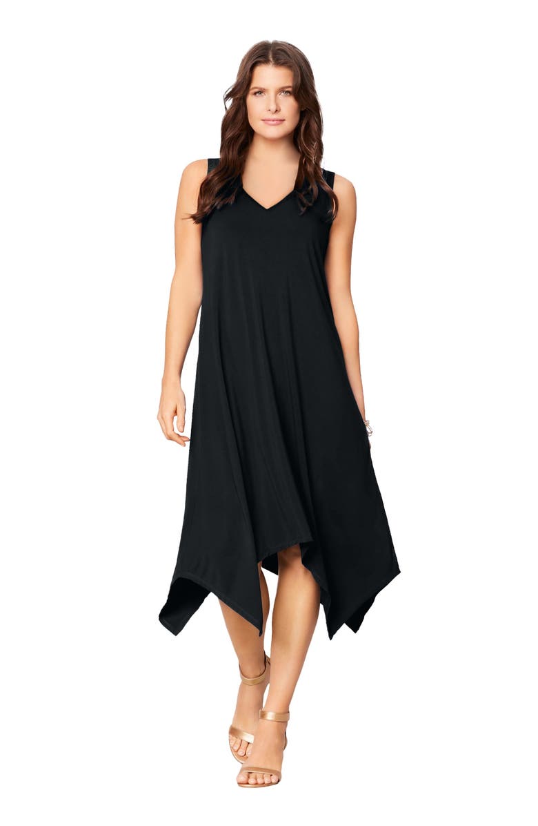 Roaman's Plus Size Stretch Knit Mid Length Sleeveless Swing Dress, Main, color, Black