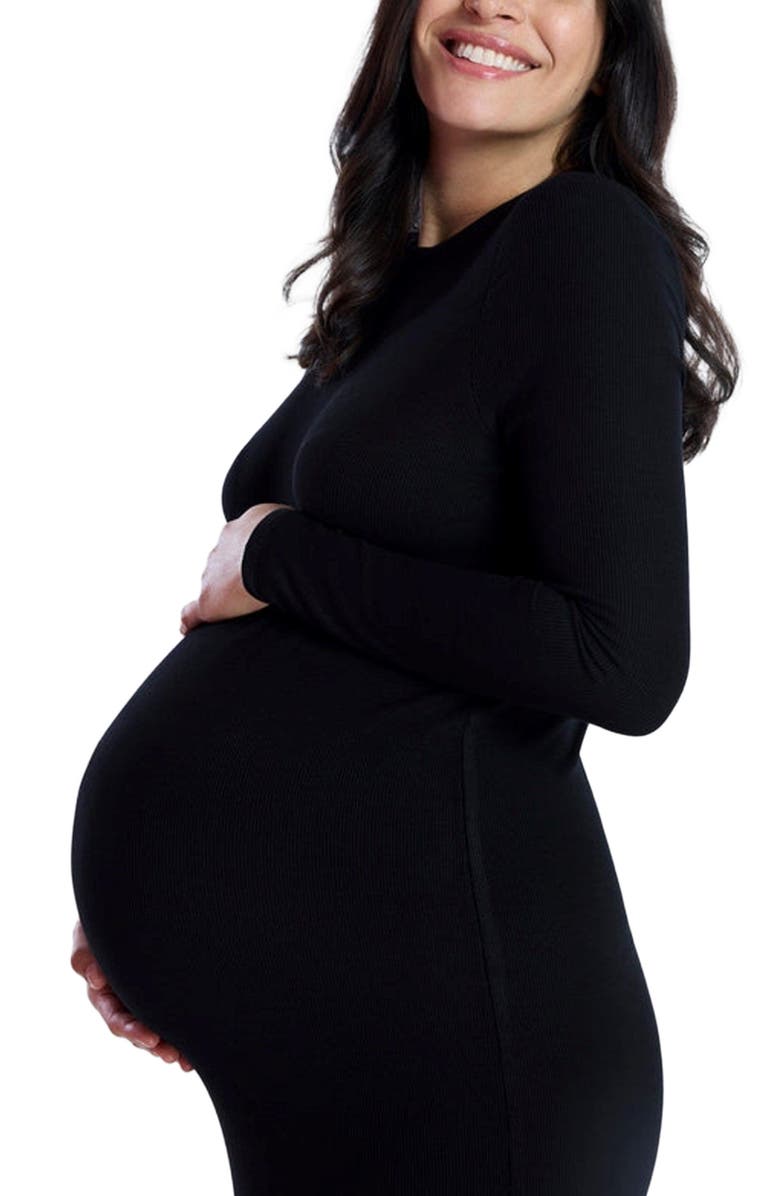 MOTHERHOOD MATERNITY Crew Neck Rib Knit Long Sleeve Column Dress, Alternate, color, Black