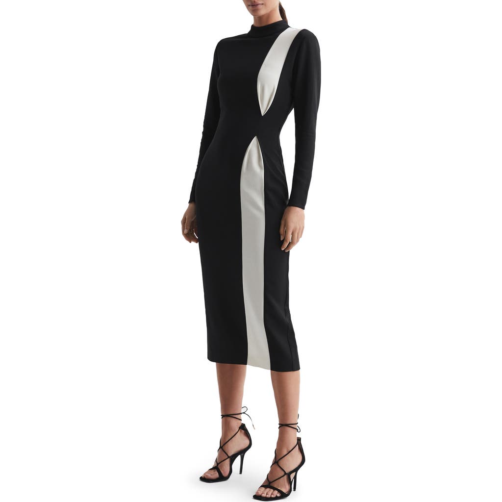 Reiss Millie Colorblock Long Sleeve Midi Dress In Black White