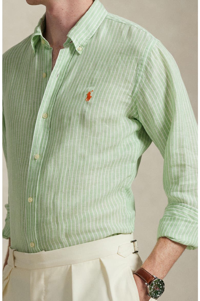 Classic Fit Stripe Linen Button-Down Shirt, Alternate, color, ESSEX GREEN WHITE