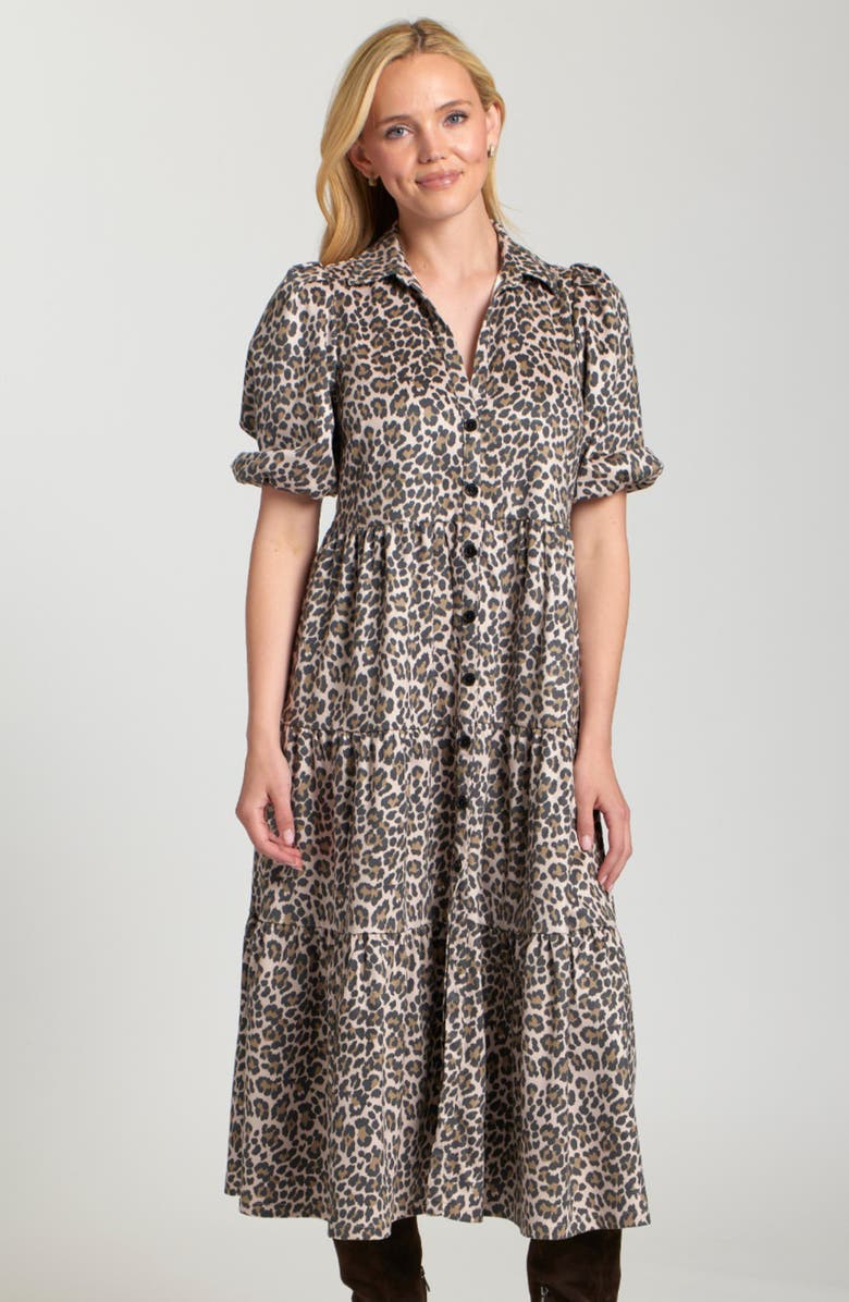 APNY Leopard Print Faux Suede Tiered Shirtdress, Alternate, color, 