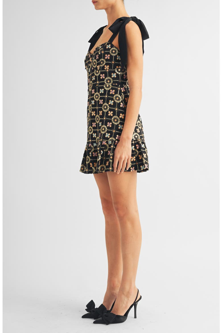 Kaylyn Sequin Embroidered Satin Bow Cocktail Minidress, Alternate, color, BLACK SEQUIN