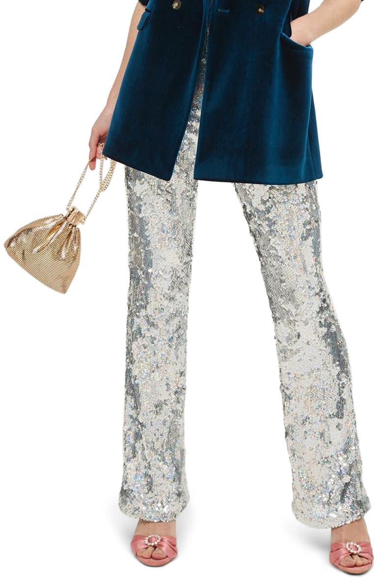 Topshop Premium Sequin Flare Leg Trousers, Main, color, 