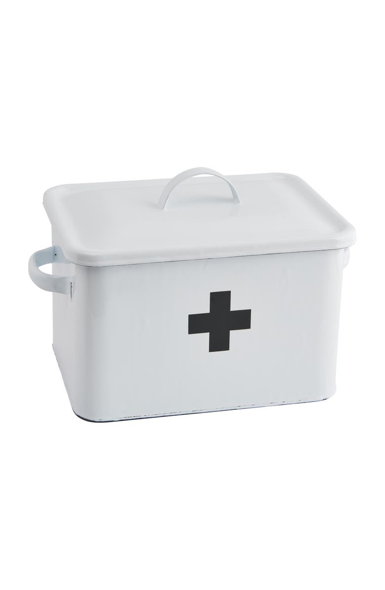 Storied Home Enameled Metal First Aid Box with Lid and Swiss Cross, White and Black, Main, color, White