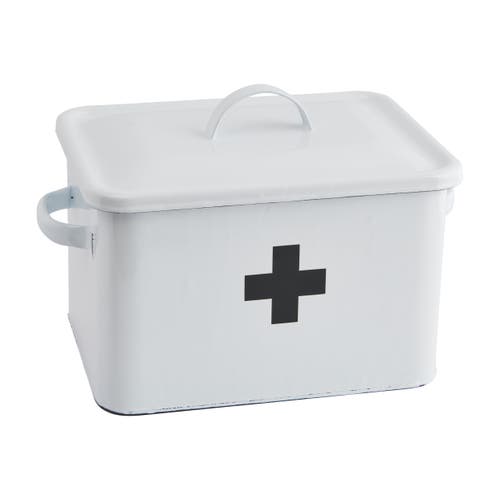 Storied Home Enameled Metal First Aid Box With Lid And Swiss Cross, White And Black