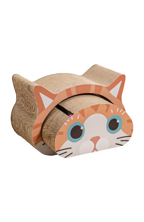 Opal Modern Cardboard Happy Cat Head 2-in-1 Cat Cave Scratcher with Built-In Bell Toys and Catnip