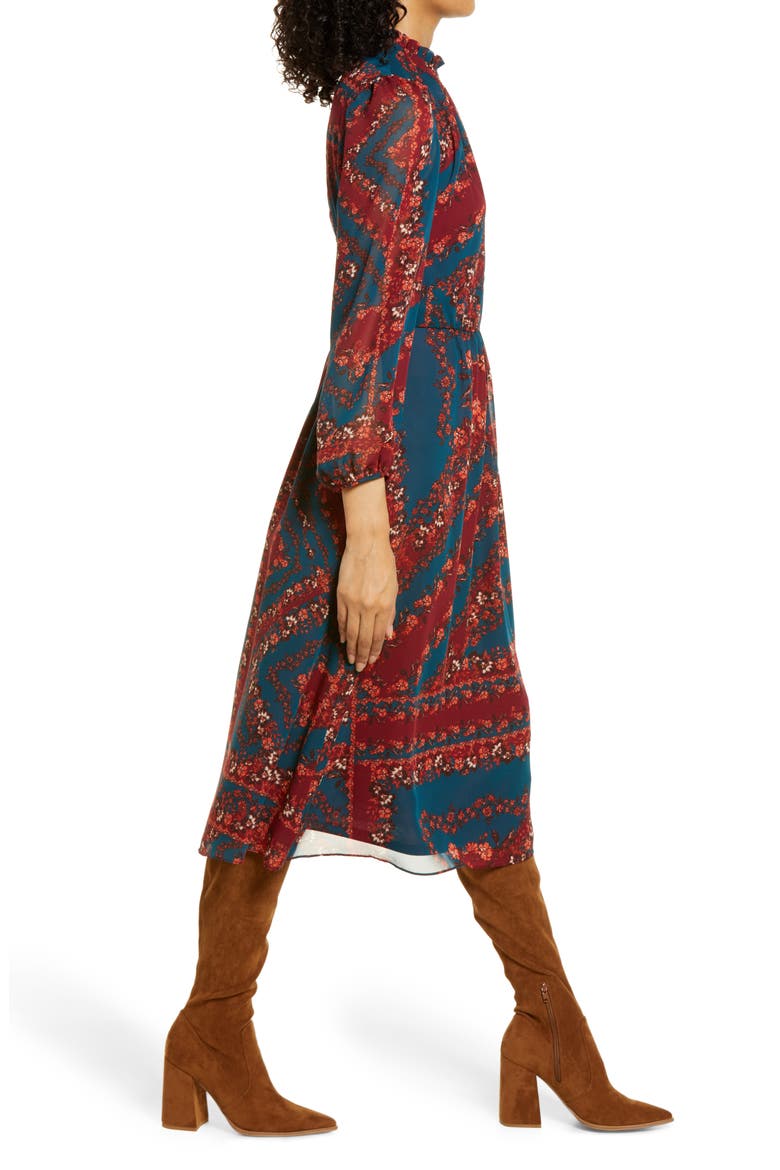 Floral Long Sleeve A-Line Midi Dress, Alternate, color, TEAL MULTI