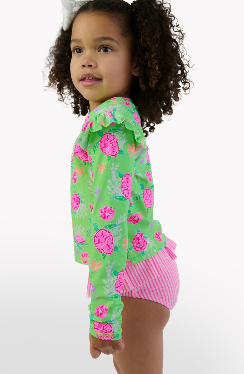 RuffleButts Kids' Long Sleeve Ruffle Hem Two-Piece Rashguard Swimsuit, Alternate, color, Green