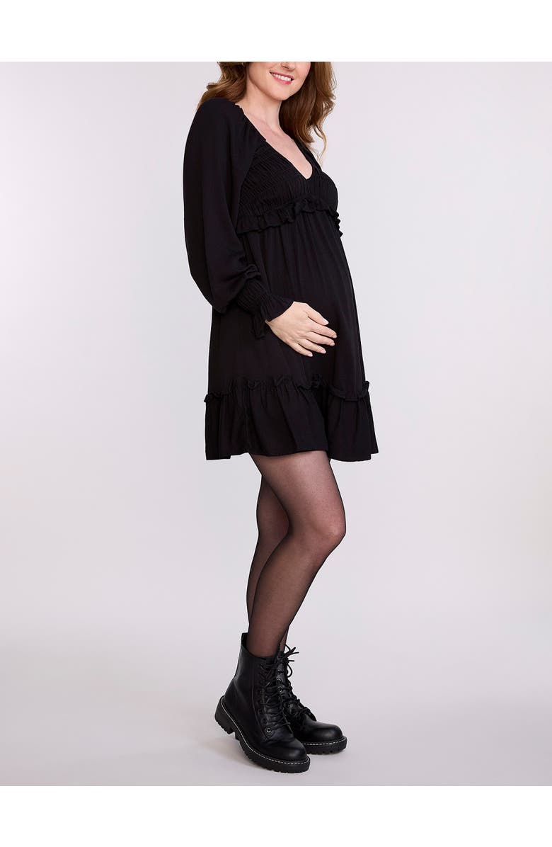 MOTHERHOOD MATERNITY V-Neck Long Sleeve Smocked Tiered Short Dress, Alternate, color, Black