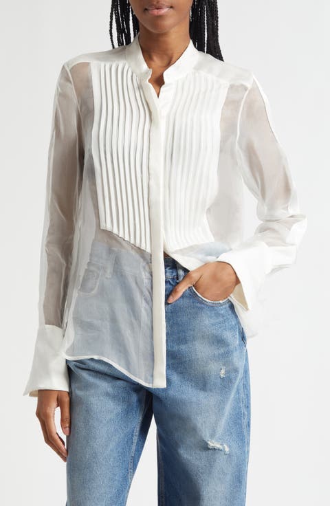 Peyton Pleated Semisheer Silk Button-Up Shirt