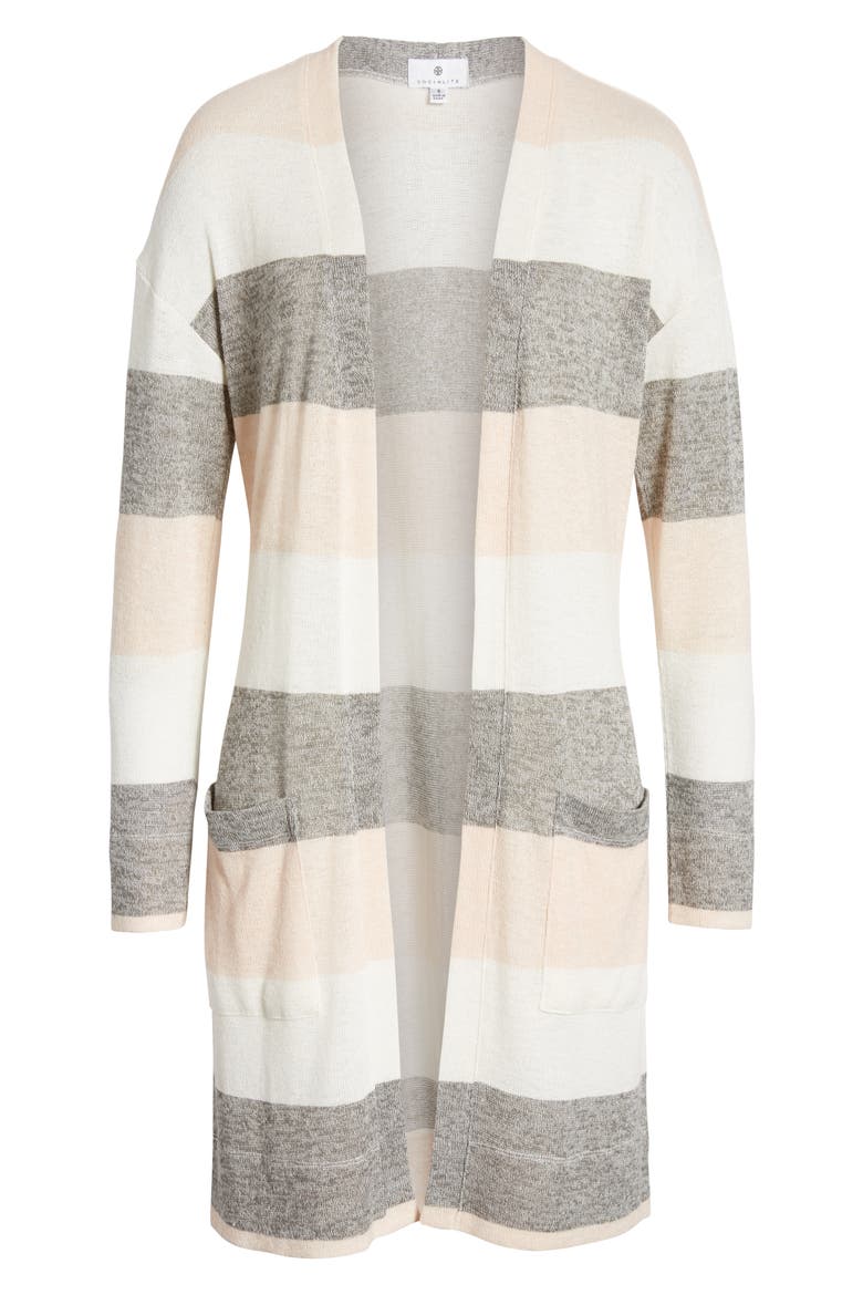 Stripe Longline Cardigan, Alternate, color, GREY/ IVORY/ BLUSH