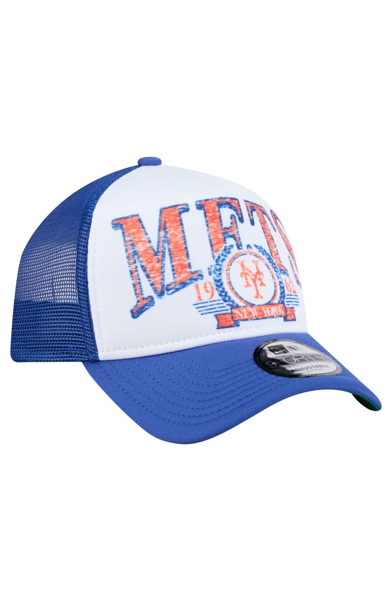 New Era Men's New Era White New York Mets Distressed 9FORTY A-Frame Adjustable Trucker Hat, Alternate, color, White