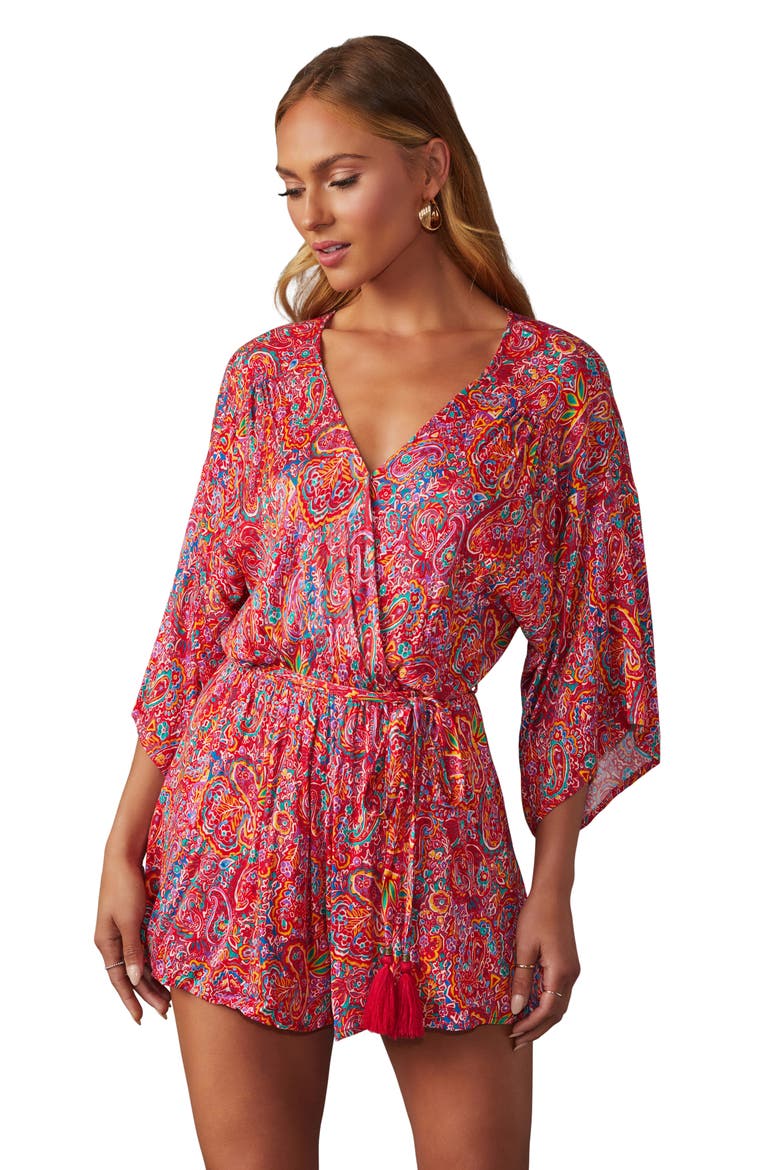Halona Print Tie Waist Romper, Alternate, color, RUBY
