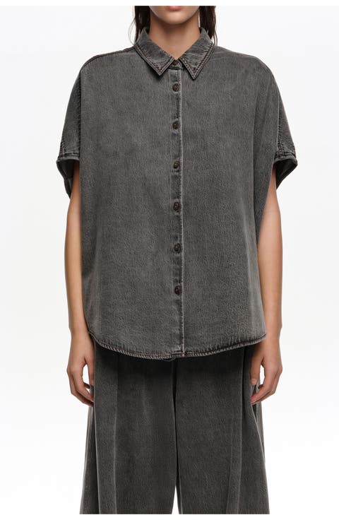 Black washed denim cape shirt