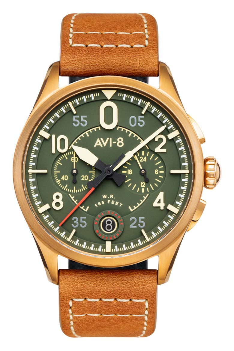 Spitfire Lock Green Dial Chronograph Leather Strap Watch, 42mm, Main, color, GREEN